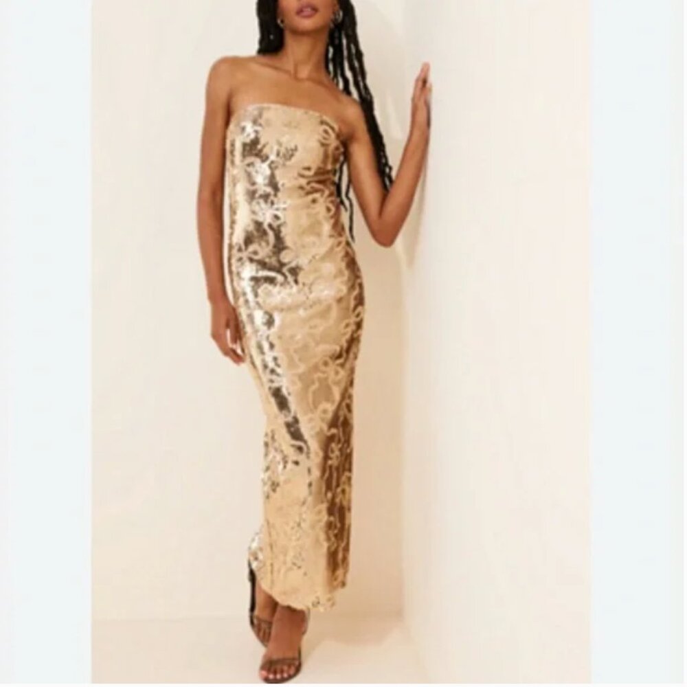 Anthropologie If by Sea Maxi Strapless Gold Sequence Dress size S
